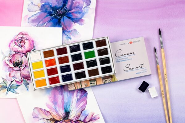 Akvarelové barvy "SONNET" sada 24 ks v kartonu od Saint Petersburg Nevskaya palitra - studio watercolours set