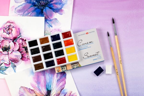 SONNET sada 16 ks Akvarelové barvy v kartonu od Saint Petersburg Nevskaya palitra – studio watercolours set