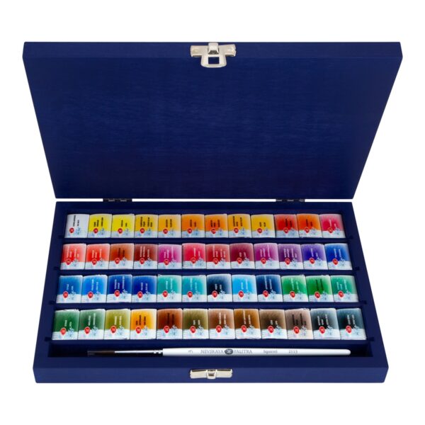 Akvarelové barvy White Nights – sada 48ks x 2,5ml v modré březové kazetě White Nights Nevskaya Palitra St.Petersburk - 48 colors in pans, blue wooden box