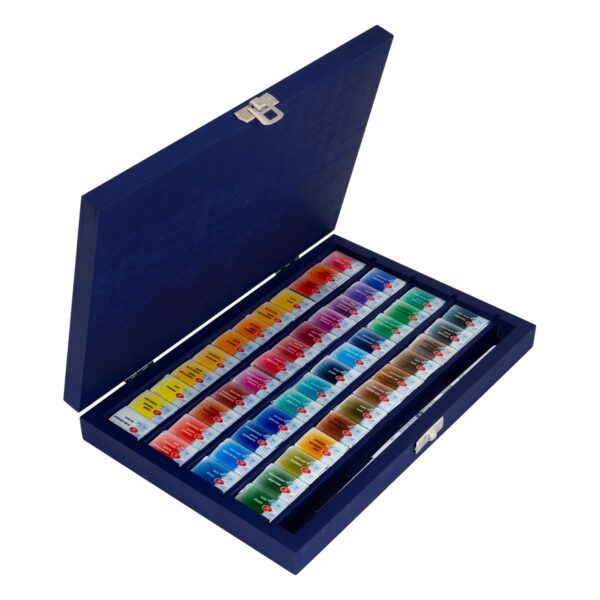 Akvarelové barvy White Nights – sada 48ks x 2,5ml v modré březové kazetě White Nights Nevskaya Palitra St.Petersburk - 48 colors in pans, blue wooden box - Image 3