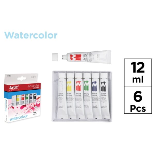 Sada akvarelových barev 6x12ml. v tubičkách - watercolour - acuarelas acquerelli, watercolour set 6 tubes Artix