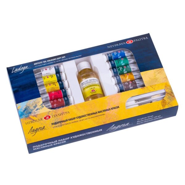 Sada uměleckých olejových barev Nevskaya Palitra St. Petersburg - Ladoga 12x18 ml s lněným olejem a štětci